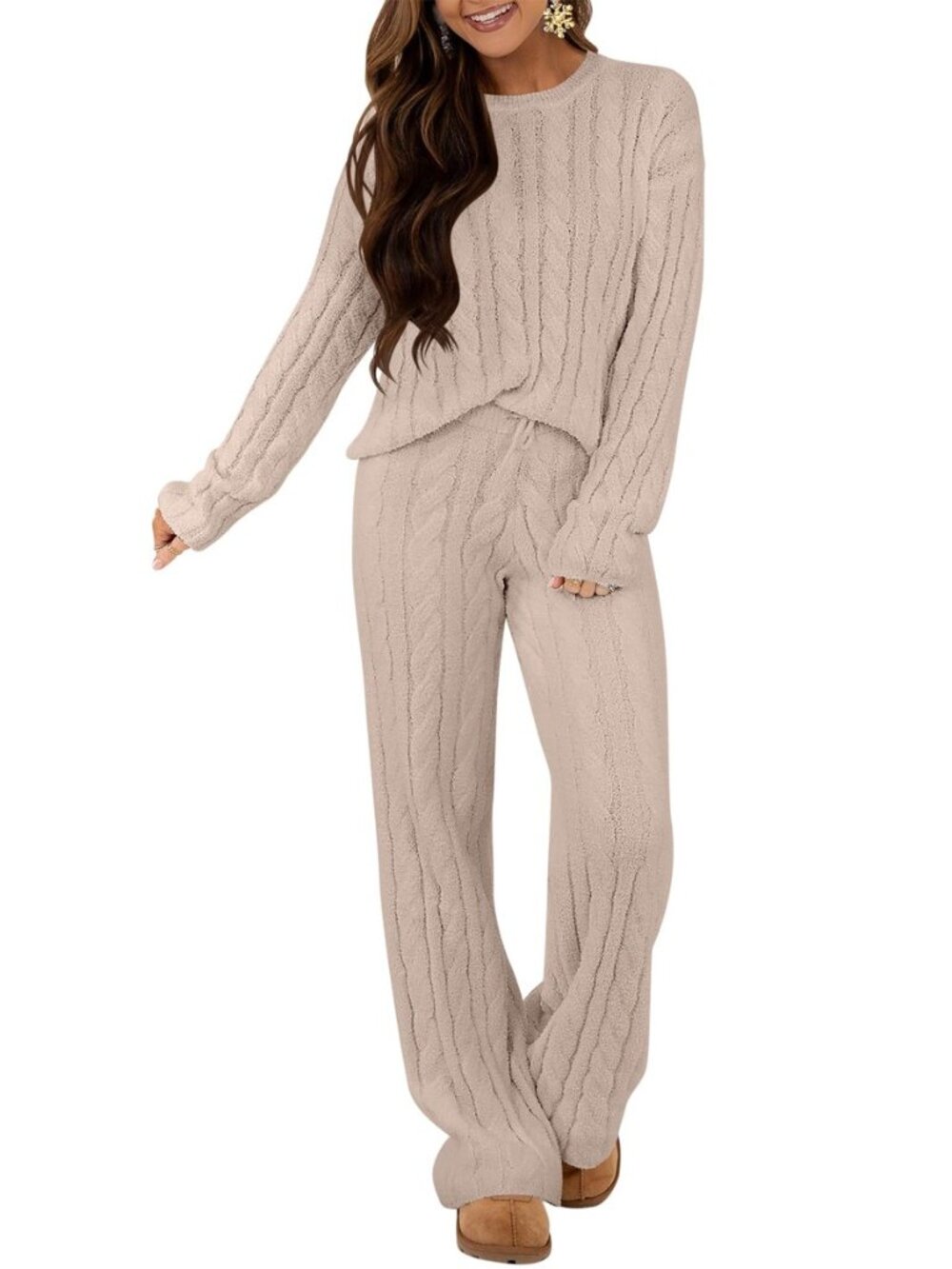 Womens Fuzzy 2 Piece Oversized Cable Knit Sweater Pajamas Sets